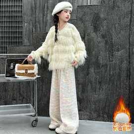 加绒女童糯米裤2026新款秋冬儿童高级感甜美裤子小女孩中腰阔腿裤