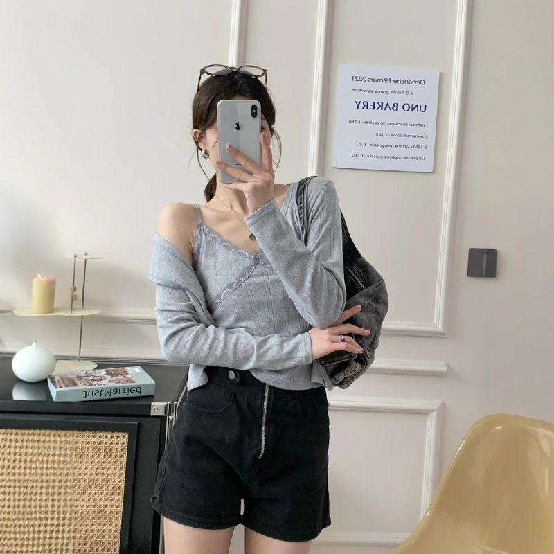 Design Long-sleeved Base Shirt Two-piece Set with Summer Sun Protection Small Jacket Jacquard Top Women's Button Lace Base Shirt