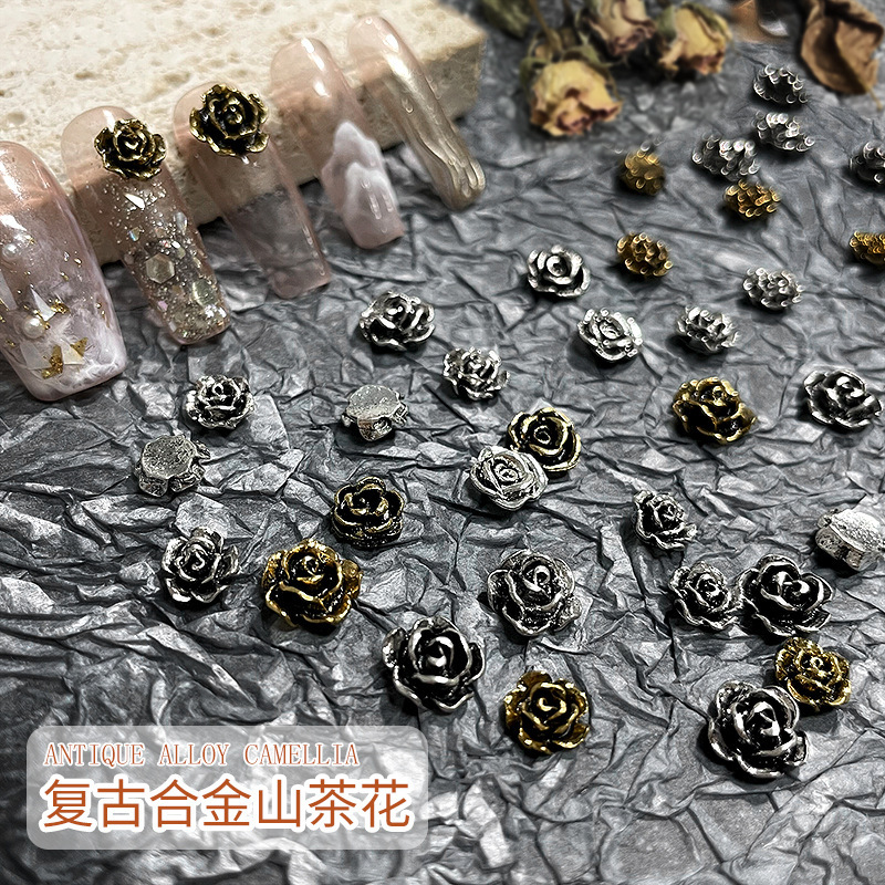 Nail Art Vintage Alloy Camellia Rose Metallic Texture Jewelry Dark Punk Style Flower Nail Decoration