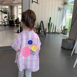 儿童韩版洋气衬衫2023秋季新款韩版潮女童宝宝中长款格子衬衣1161