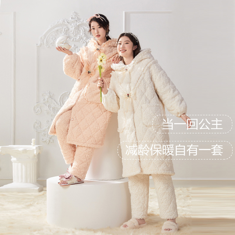 Winter Coral Velvet Quilted Nightgown Women's Suit Fleece-Lined and Cotton Three-Layer Thickeneded and Long Hooded Pajamas Home Clothes