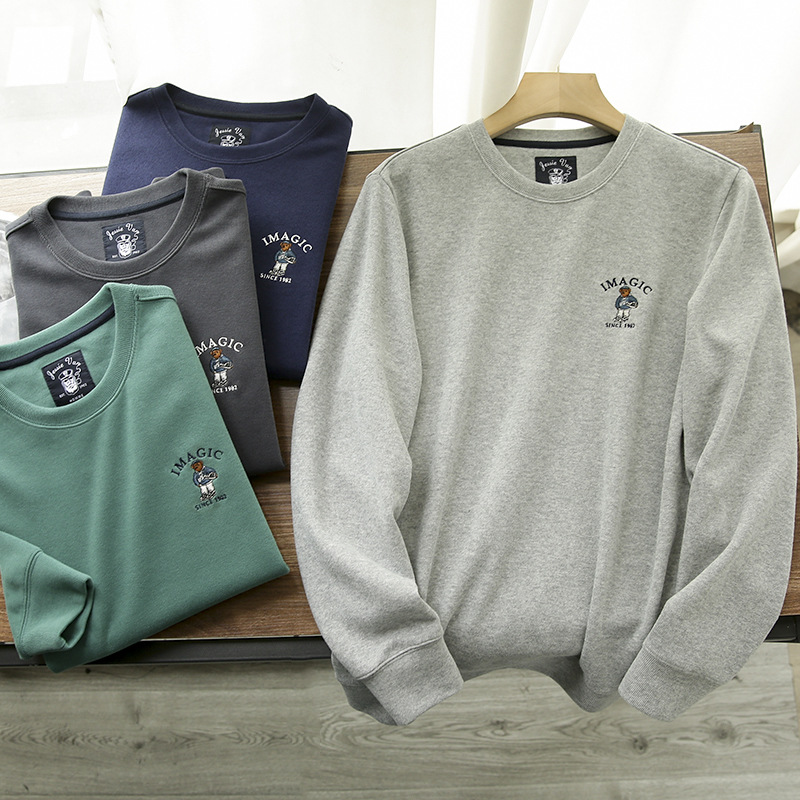 Men's Clothing Soft Brushed Knit Spring New Bear Embroidery Round Neck Sweater Men's Fashion Youth Men's Clothes_voghion.com
