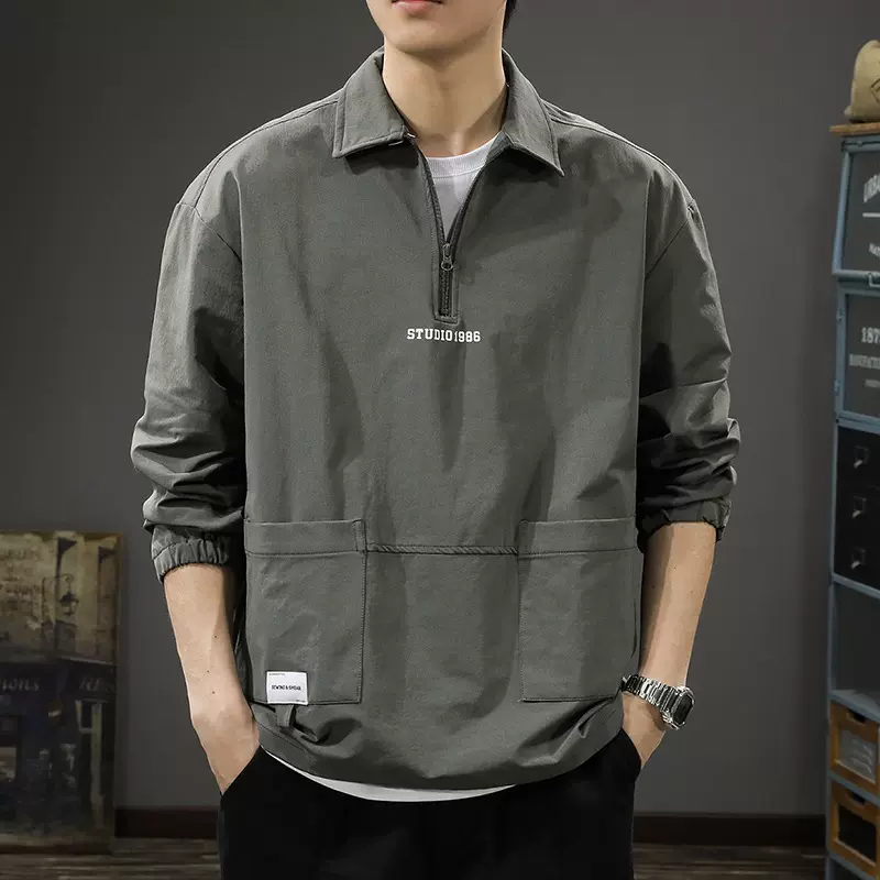 美式潮牌半拉链polo领男士衬衫秋季复古长袖衬衣户外宽松冲锋外套