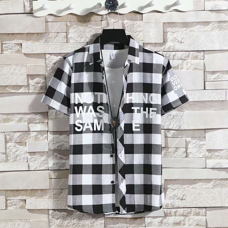 Shirt Men's Short-sleeved White Plaid Shirt High School Students Summer Clothing Korean Fashionable Handsome 2022 New Summer Half Sleeve Shirt Men's Short-sleeved White Plaid Shirt High School Students Summer Clothing Korean Fashionable Handsome 2022 New Summer Half Sleeve