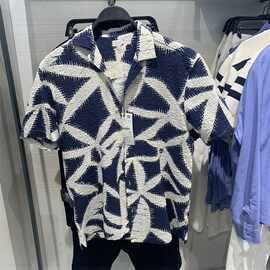 2025夏季新款男装印花泡泡纱衬衣男士古巴领夏威夷宽松短袖衬衫男