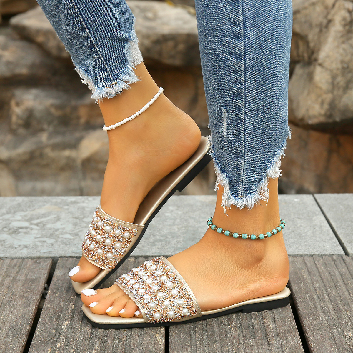 Damen Pantoletten Flach Mit Strass Und Perlen Quadratische Form_voghion.com
