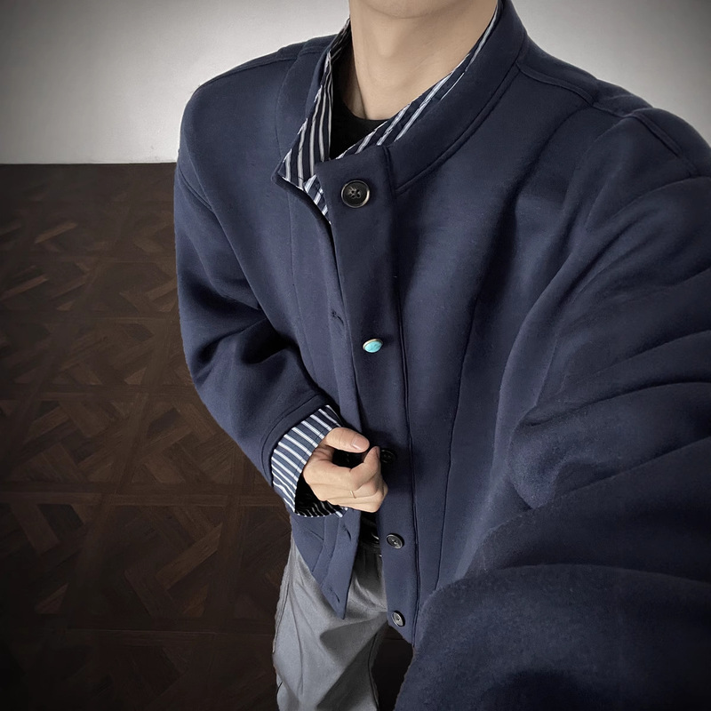 Old Money Style Turquoise Button Cardigan Sweatshirt for Men, Autumn American Style Fake Two-Piece Design Stand Collar Baseball Jacket Old Money Style Turquoise Button Cardigan Sweatshirt for Men, Autumn American Style Fake Two-Piece Design Stand Collar Baseball Jacket