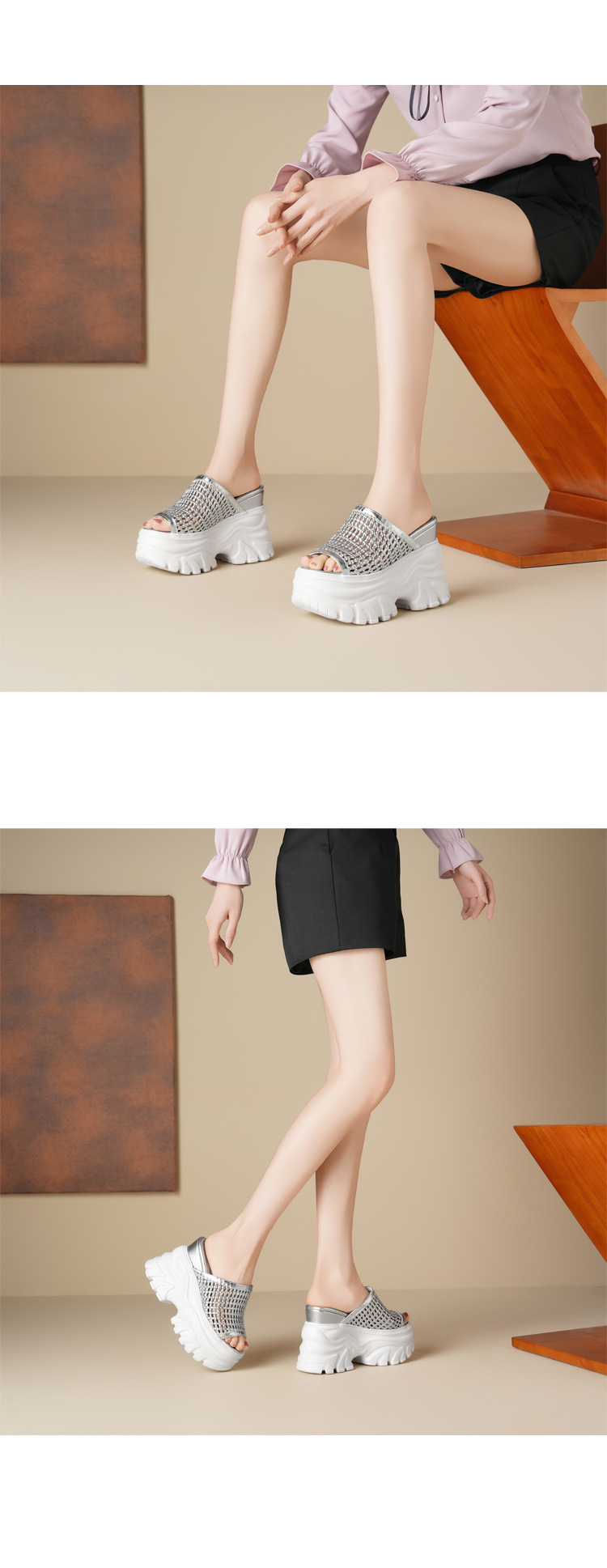Dép lê đế xuồng dệt rỗng thoáng khí tăng chiều cao 12cm cho nữ, đế xốp dày dáng nhỏ — Màu đen, Màu vàng nhạt, Màu bạc chi tiết 9