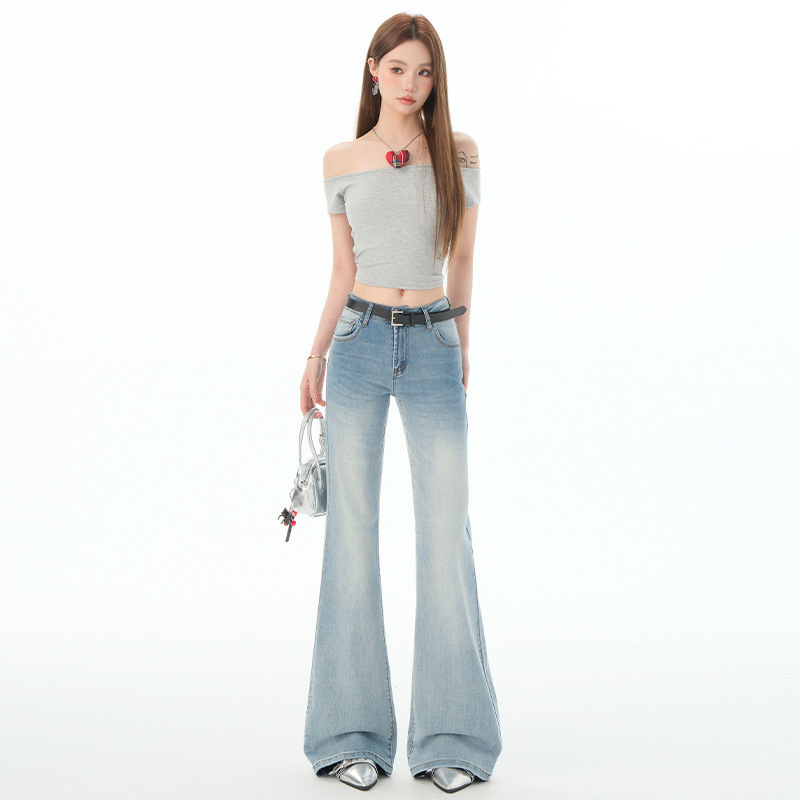 Ice Blue Micro-flare Jeans Women's 2025 New Hot Girls Low Waist Slim Flared Pants & Cropped Long Pants
