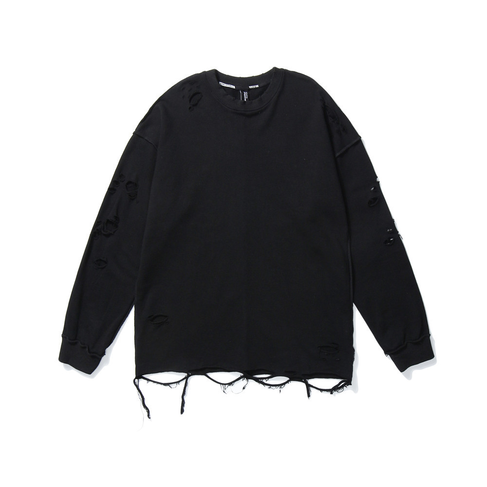 Vibe Style Solid Color Simple Distressed Sweatshirt Long Sleeve Men's Ins American Trendy Brand Loose Round Neck_voghion.com