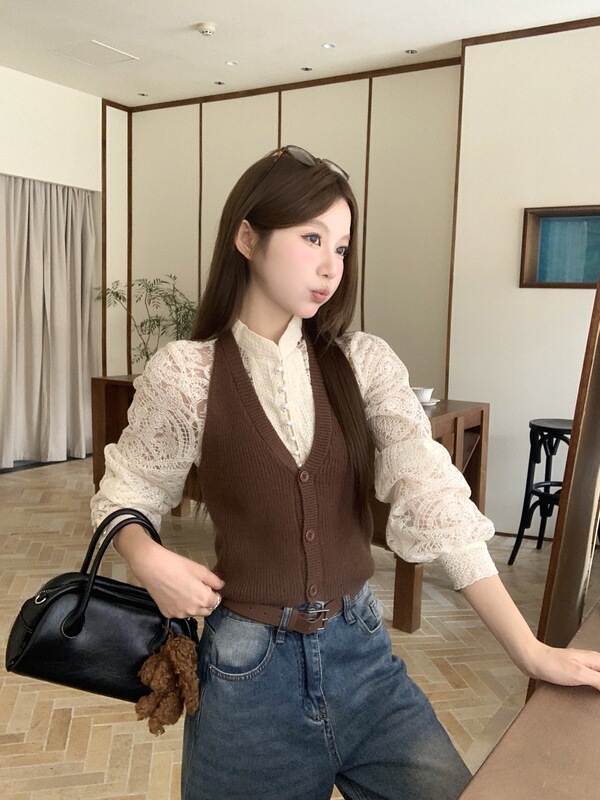 法式挂脖针织背心马甲镂空长袖蕾丝衫女2025秋季新款洋气时尚套装|undefined