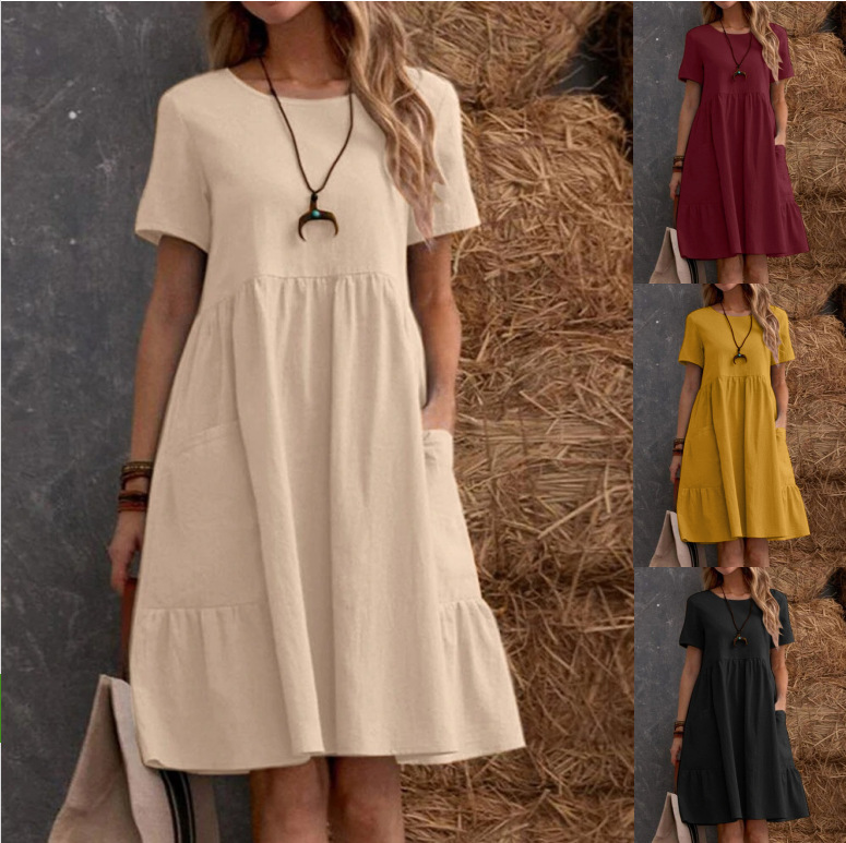 2026 Summer European And American Retro Loose Pocket Solid Color Round Neck Women's Dress_ecoleips.com