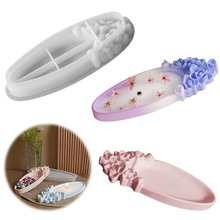 浮雕花朵椭圆香薰蜡烛杯硅胶模具 滴胶diy玫瑰托盘碟子石膏摆件