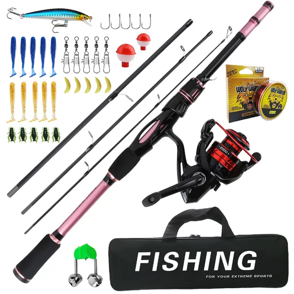 Cross-border pink four-section lure fishing rod, 1.8M, with reel and artificial bait, fishing tackle set, factory direct sales, customizable