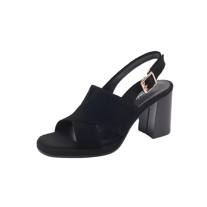 Sandal nữ gót vuông da thật quai ngang đế dày hở gót — Màu đen