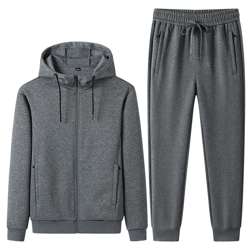 Traje deportivo de algodón transfronterizo para hombres primavera y otoño running cardigan con capuz, chaqueta, pantalones rectos, tamaño grande de dos piezas