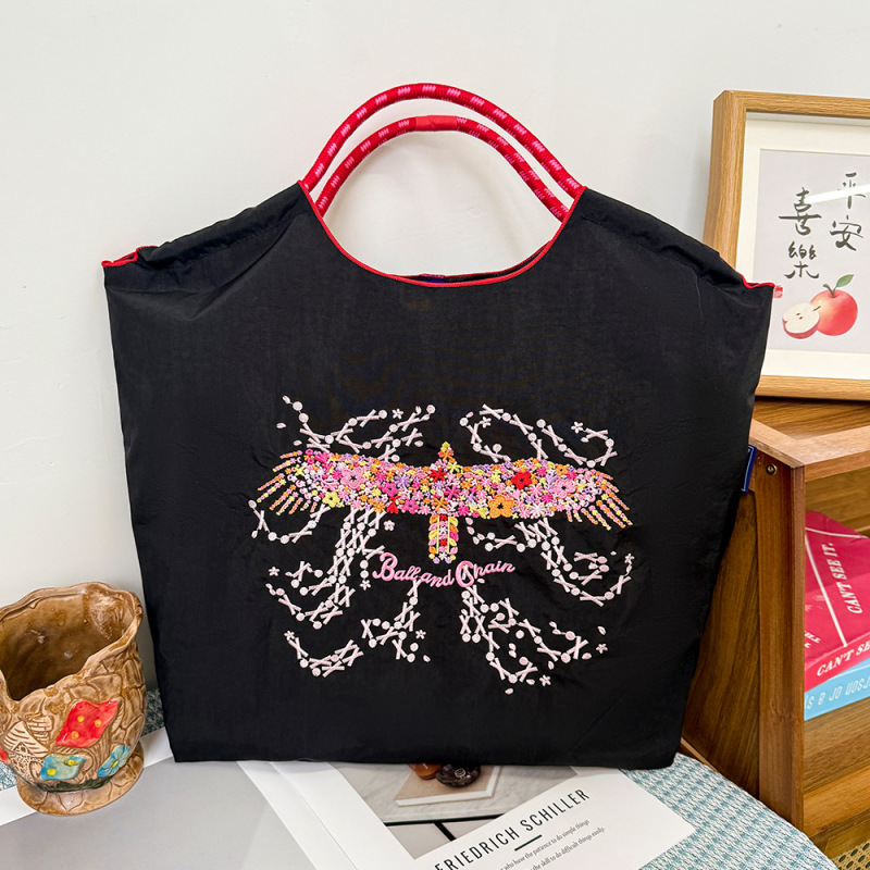 新しい日系ボールチェーン刺繍百合レジ袋小衆万針刺繍ナイロンハンドバッグ環境保護袋|undefined