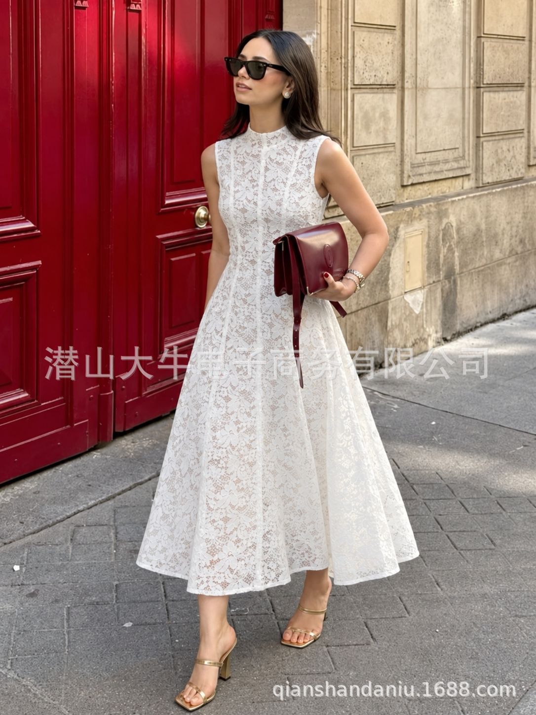 European and American cross-border women's clothing, lace embroidered sleeveless stand-collar slim-fit long fashion elegant foreign trade dress