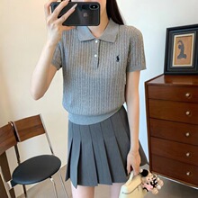 2025秋季新款通勤经典polo领麻花刺绣针织衫短袖T恤衫上衣女乙鸟