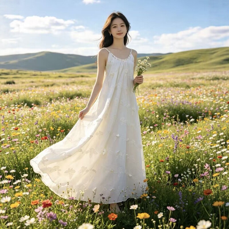 French-style embroidered camisole dress, new summer white long dress, seaside vacation style, artistic and elegant maxi dress