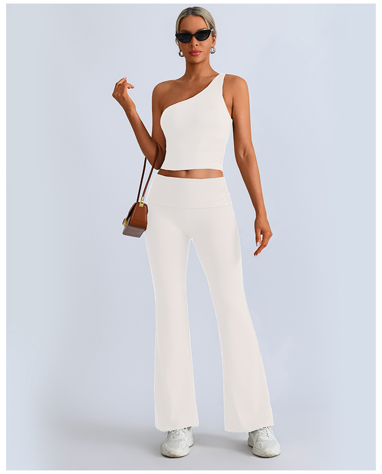 Traje de yoga transfronterizo europeo y americano, top irregular de un solo hombro para mujer, deportes, fitness, caderas, pantalones anchos, pantalones micro