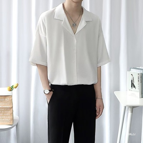 English Light Mature Style Thin Cute Cuban Ice Silk Shirt for Men Short Sleeve Summer Hipster Men's Shirt 2024