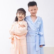 四季纯棉儿童连帽华夫格浴袍家居服吸水蜂巢游泳馆中大童吸水性强