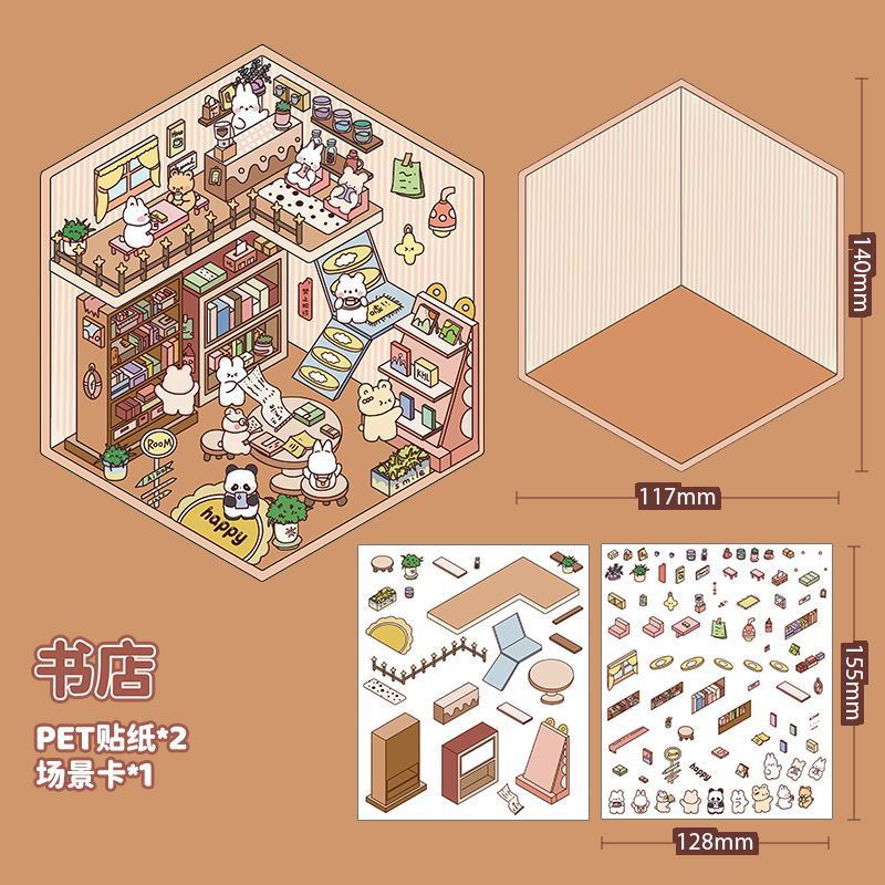 Pegatinas creativas para el paisaje de la casa de café Tutu 3D Escena en miniatura 3D Apilamiento de la tienda Pegatinas de descompresión manual de bricolaje