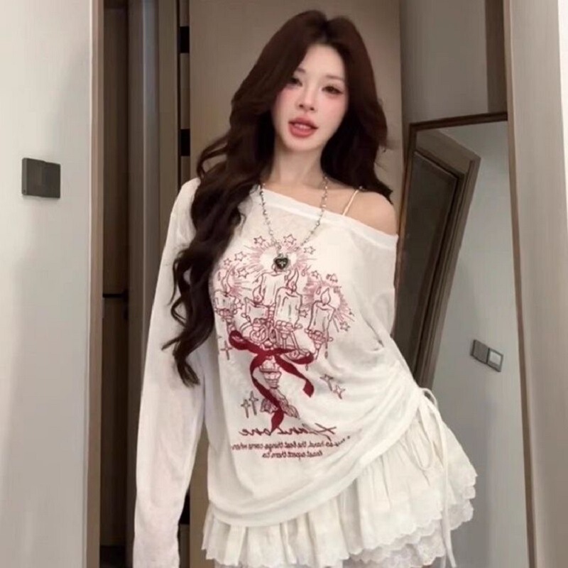2025 新しい白スリムカジュアルトップ外国貿易クロスボーダー落書き斜め肩長袖 Tシャツ女性の夏の日焼け止めブラウス|undefined
