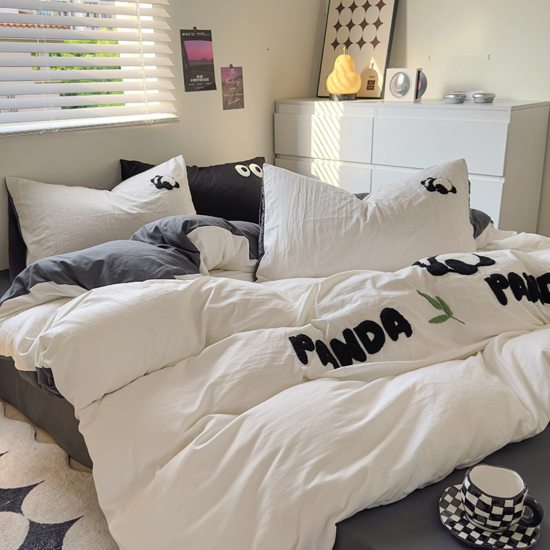 Simple ins toallas de algodón lavados bordadas cuatro piezas sábanas cubiertas cama de dibujos animados dormitorio de tres piezas ropa de cama