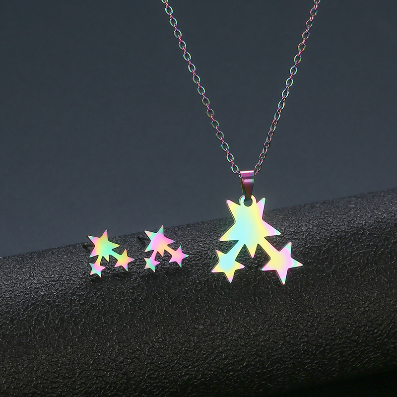 Stainless steel star necklace clavicle chain earrings set female colorful meteor pendant set chain e