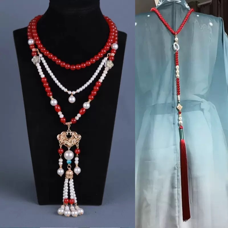 Ancient Style national fashion red back Cloud long Chinese clothing necklace long tassel vintage pearl necklace Han clothing accessories for women