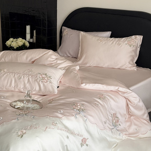 French Romantic Embroidered Roses! 100-Count Lenzing Tencel Four-Piece Summer High-End Ice Silk Bed Bed Sheetss 4