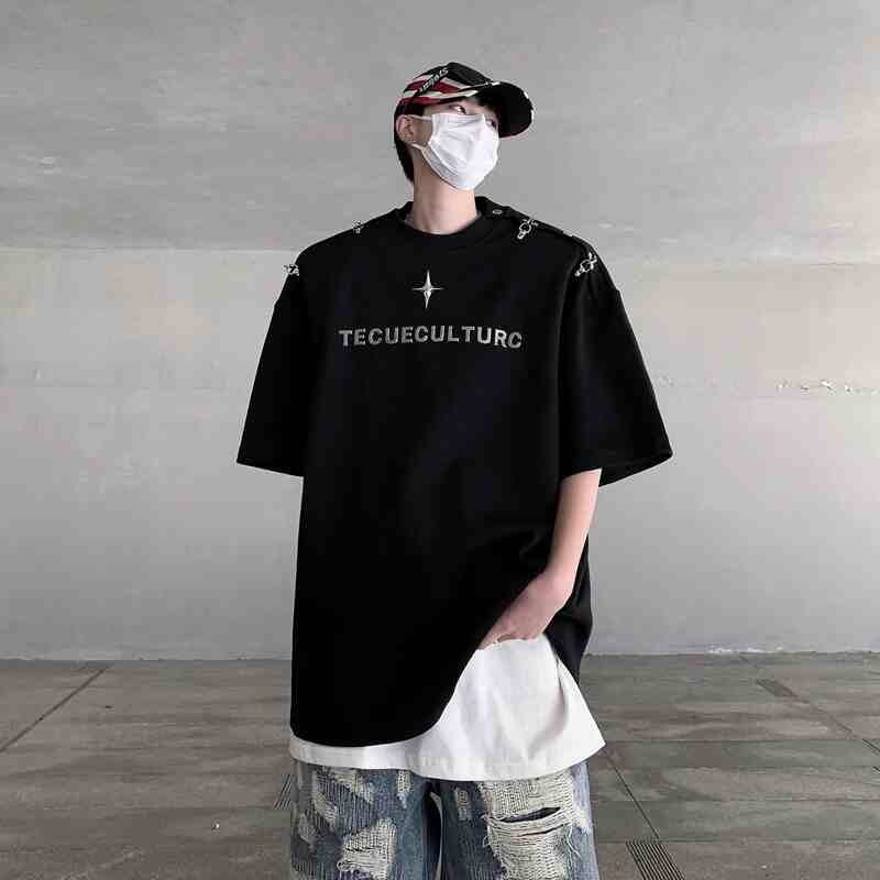 Einzigartiges T-Shirt im dekonstruierten Metalldesign für Herren, schwarze Kurzarmshirts für den Sommer, coole High-End-Fünfviertelärmel_voghion.com