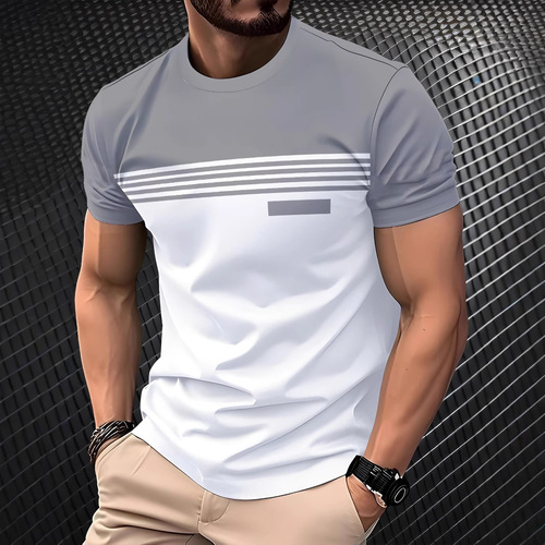 20253D Digital Printing Summer Men's Casual Versatile Trendy Fashion Color-blocked Short-sleeve Round Neck T-shirt