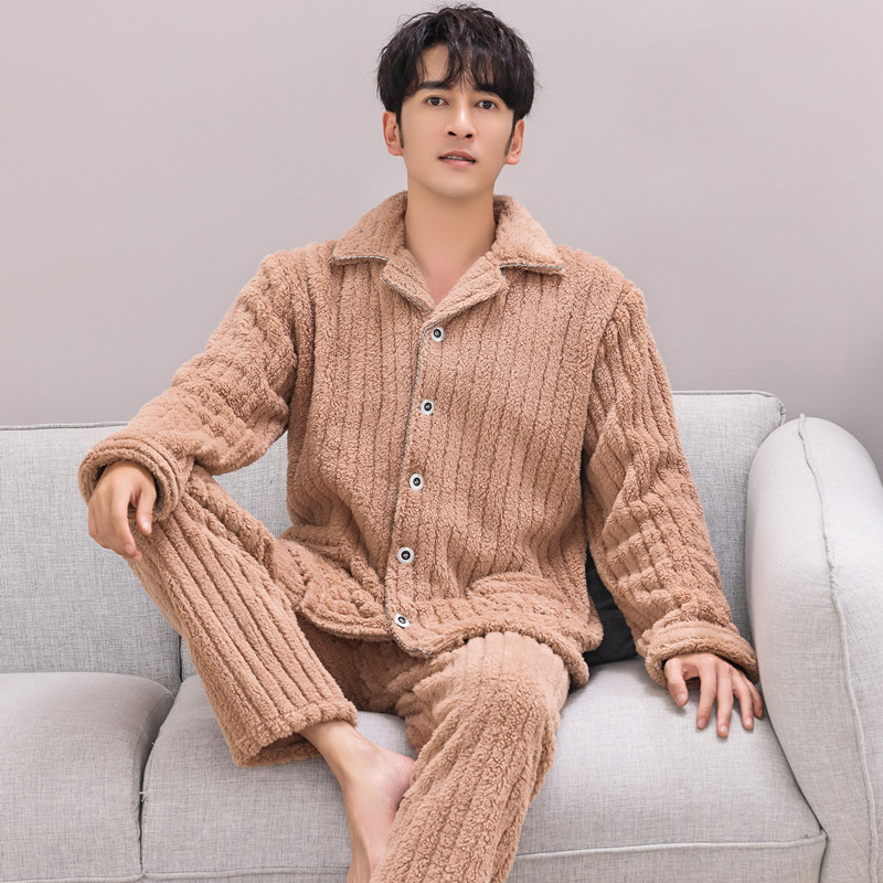 Pijamas de lana de coral coreana para hombres otoño y invierno engrosados franela se pueden usar cardigan de manga larga de invierno conjunto de ropa para el hogar