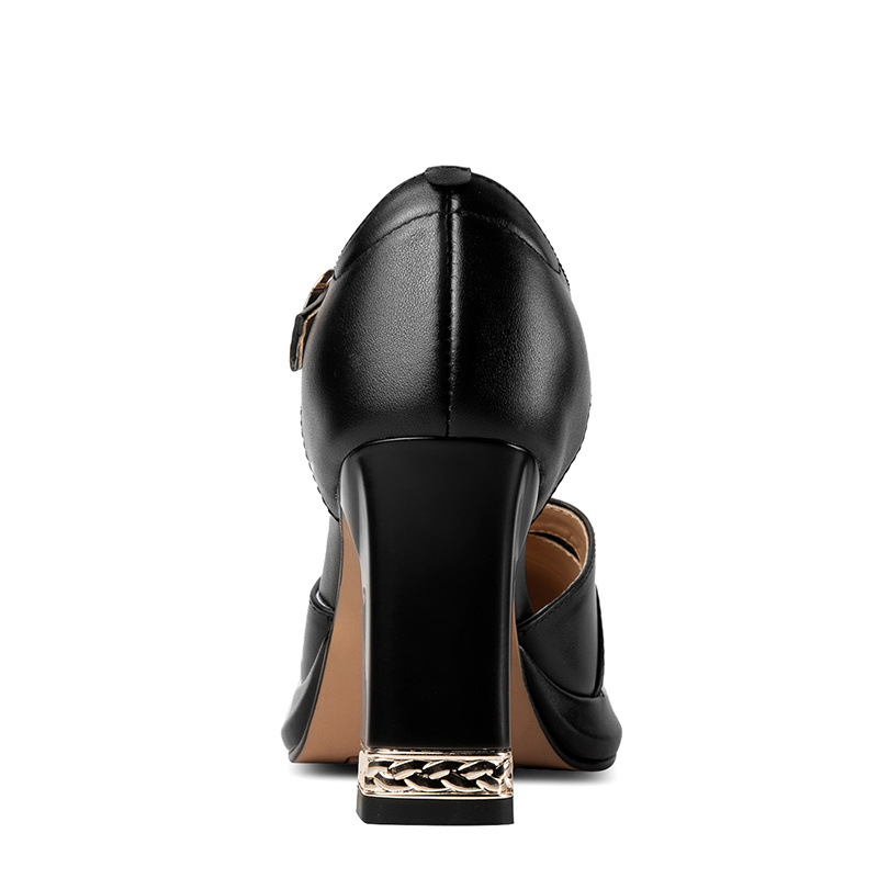 Giày sandal cao gót nữ bít mũi khóa chữ T phong cách retro, gót 8 cm — Màu đen chi tiết 6
