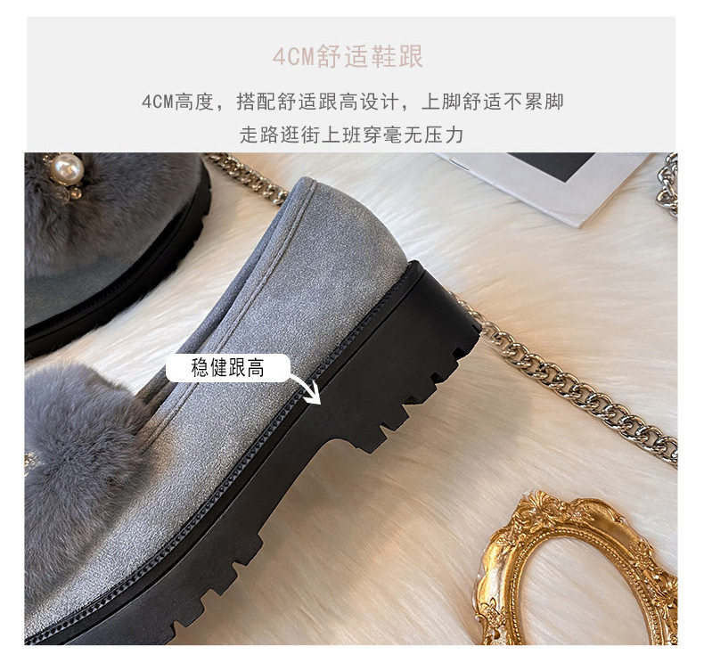 Giày lười nữ lông thỏ thật kiểu hạt đậu, đế dày gót 3-5 cm, đi trong nhà và ngoài trời mùa đông — Màu xám, Màu đen chi tiết 11