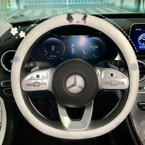 Car cartoon steering wheel cover embroidered cotton and linen breathable car anti-slip handle cover summer car interior supplies for women