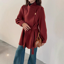 2025秋冬新中款系带立领双面羊绒大衣女高级感显瘦复古羊毛呢外套