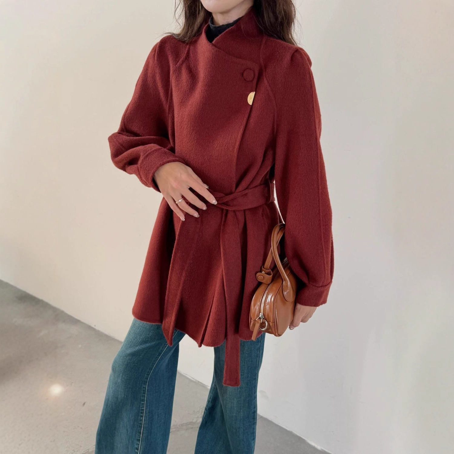 2025秋冬新中款系带立领双面羊绒大衣女高级感显瘦复古羊毛呢外套