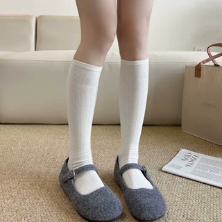 秋冬新款加厚袜子女长筒复古竖纹及膝袜纯色弹力显瘦百搭小腿袜