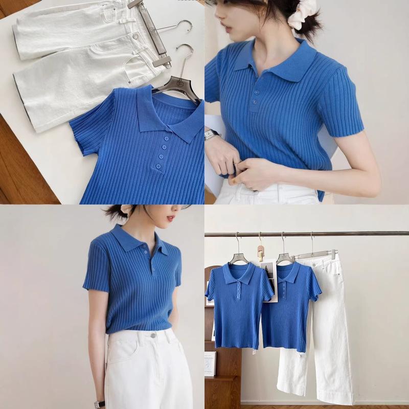 Exquisite Slim-Fit Polo Collar Knit Top for Women, Breathable and Versatile Solid Color Gentle Style Short-Sleeve T-Shirt for Summer Commuting Exquisite Slim-Fit Polo Collar Knit Top for Women, Breathable and Versatile Solid Color Gentle Style Short-Sleeve T-Shirt for Summer Commuting