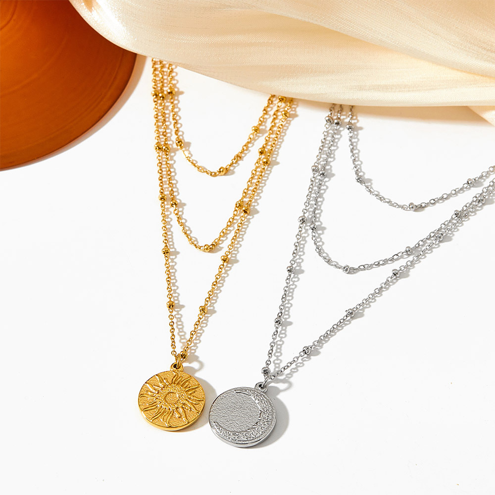 12g Weight 0.03µm-0.05µm Gold Plating Thickness PVD Coated Gold Plating Process Retro Round Sun Stainless Steel Titanium Steel Plating Layered Necklaces 1 Piece