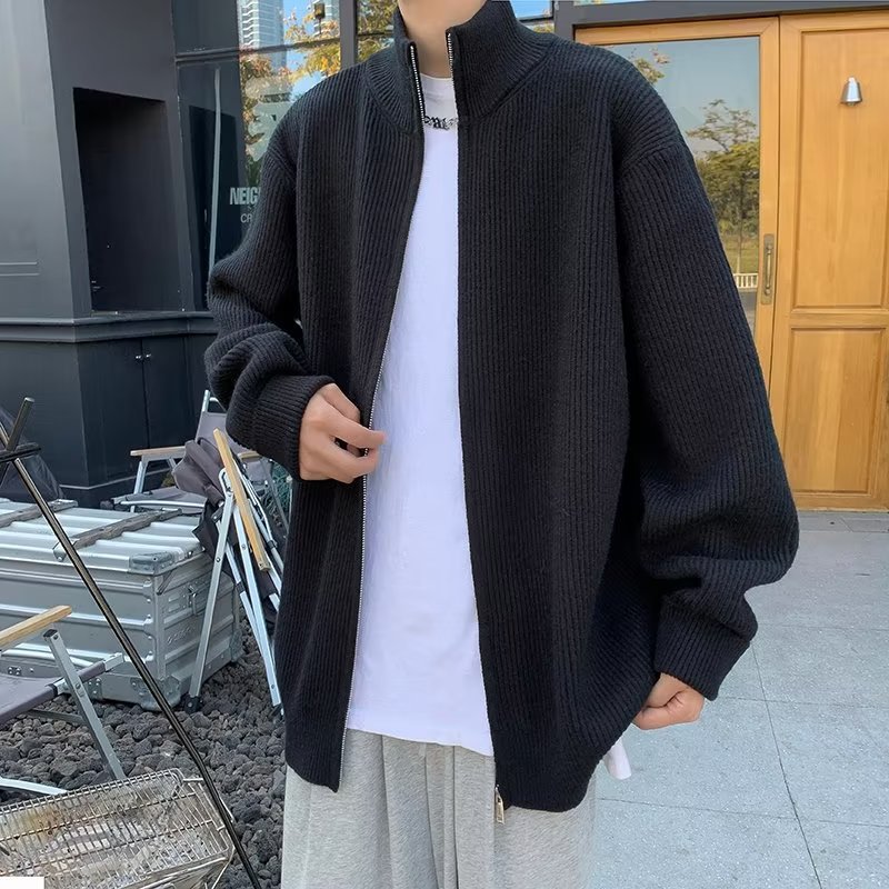 Chaqueta con cremallera estilo perezoso cárdigan suéter hombre otoño e invierno grueso perezoso de alta gama cuello alto suéter marca de moda japonesa