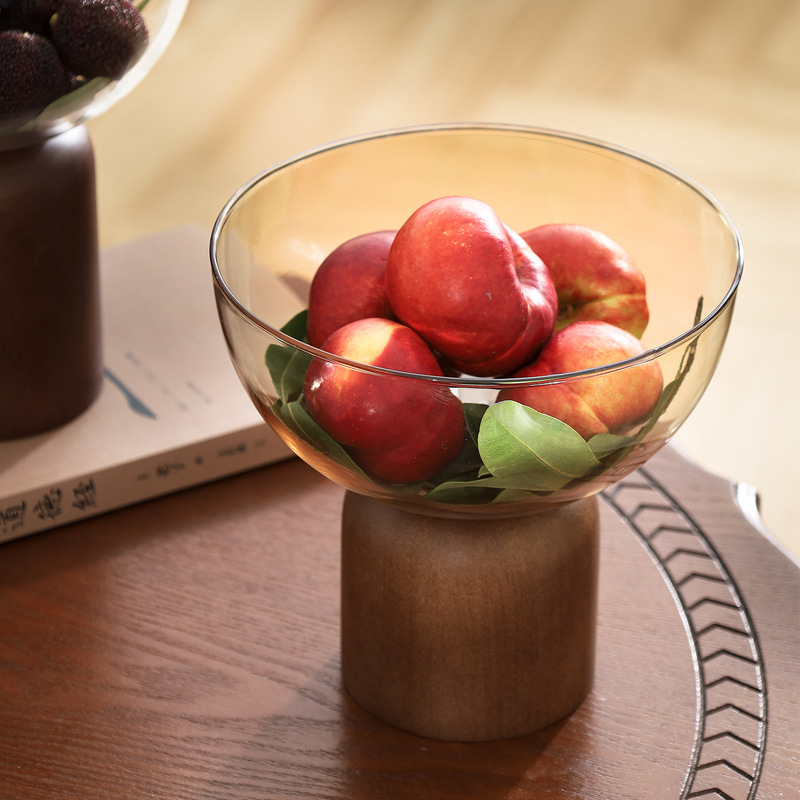 High-end light luxury fruit tray for living room coffee table, solid wood and glass storage fruit basket, decorative item for model home