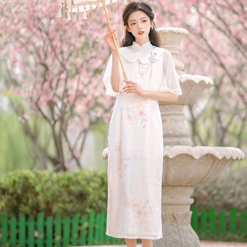 Diseño original de nuevo estilo de cara de flor de melocotón estilo chino retro diario elemento Han mejorado conjunto de cheongsam 8631