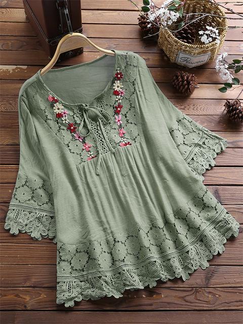 Elegante Damenbluse Mit V-ausschnitt Aus Baumwoll-leinen-mix_voghion.com