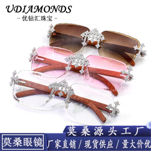 European and American Cross-Border Internet Celebrity Trendy Full-Encrusted Moissanite Glasses for Men and Women with Personalized Wooden Legs, Semi-Circular Frames and Multi-Color Lenses