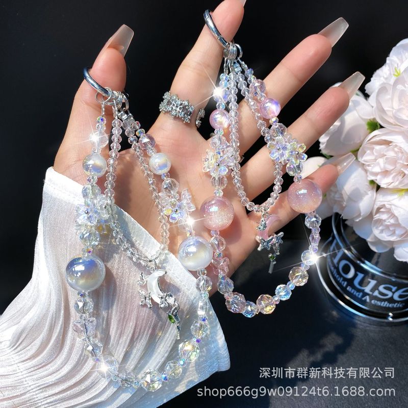 精致小仙女水晶手机壳挂链 月亮吊坠双层星空珠短款挂绳包包挂件|undefined